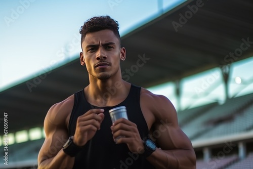 Pumped up athlete with bottle of water at stadium preparing for run at dawn. Athletic man with big muscles getting ready to start morning. Morning workout starts with sip of water at stadium © Stavros