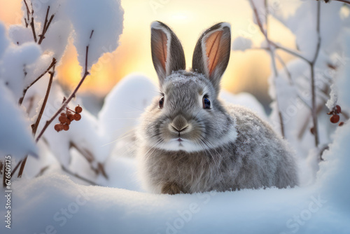 Adorable gray hare rabbit in a snowy winter forest