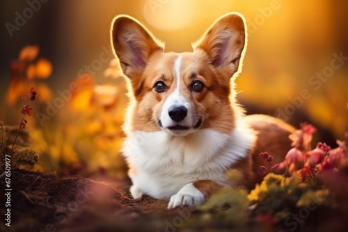 Close up portrait of a corgi dog looking at the camera in an autumn park © Sunny