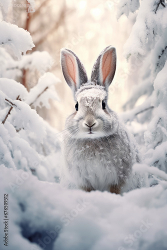 Adorable gray hare rabbit in a snowy winter forest © Guido Amrein