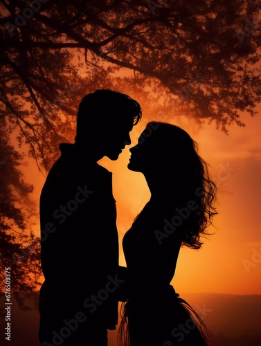 Couple in love silhouette during sunset - touching noses, AI generator © Kateryna