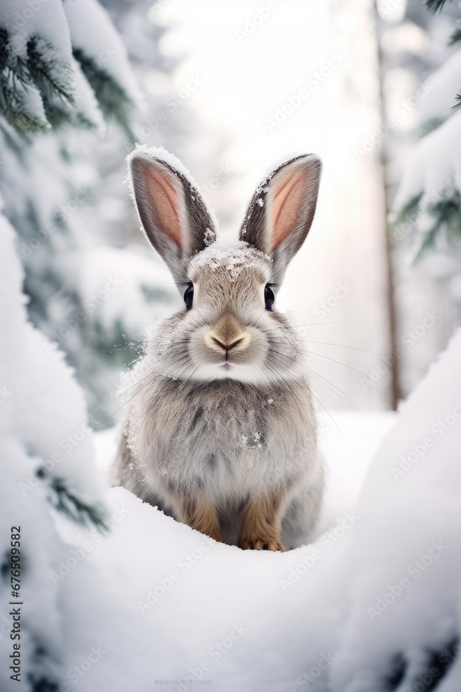 Adorable gray hare rabbit in a snowy winter forest Adorable gray hare rabbit in a snowy winter forest