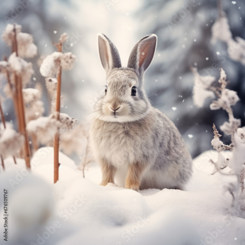 Adorable gray hare rabbit in a snowy winter forest