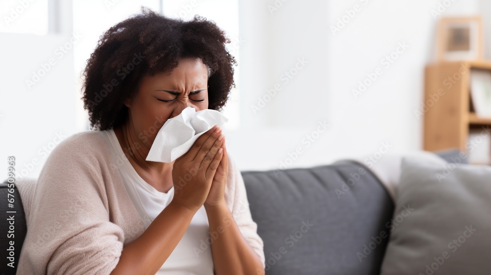 African American woman wrapped in warm clothes due to chills has flu sneezing in napkin in modern cozy apartment. African-American woman caught cold and now suffers from flu with runny nose African American woman wrapped in warm clothes due to chills has flu sneezing in napkin in modern cozy apartment. African-American woman caught cold and now suffers from flu with runny nose