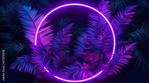 Purple Circular Neon light with Tropical Leaves  AI generated illustration