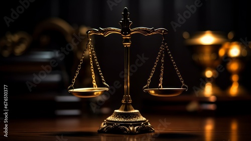 Scales of justice in the courtroom dark lighting AI generated illustration