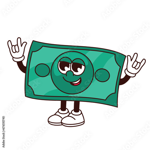 Groovy dollar banknote character vector illustration. Cartoon isolated retro money emoji of green cash bank bill with arms and legs, funny paper banknote mascot with cute face and horns rock gesture