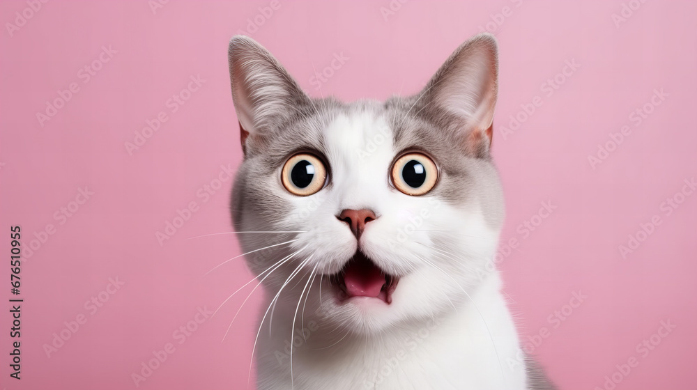 surprised cat with big eyes on a pastel color  background, big sales