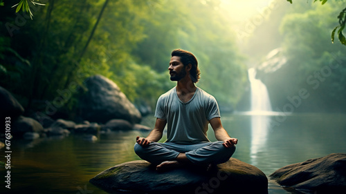 meditating man sitting on the rock