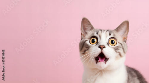 surprised cat with big eyes on a pastel color background, big sales
