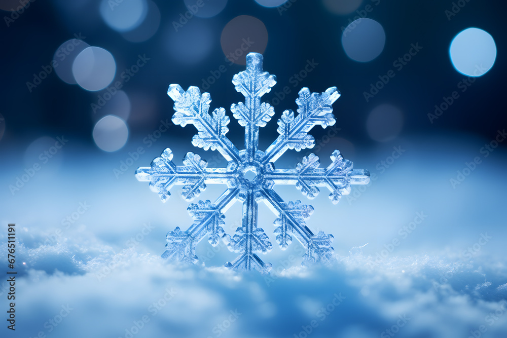 Close up of beautiful snowflake in snow on blue backgorund
