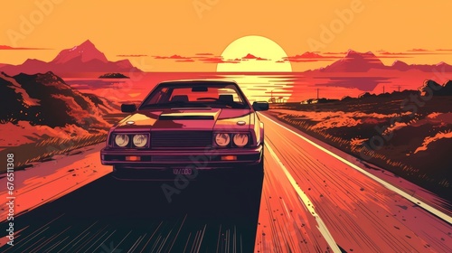 Summer vibes s style illustration with car driving AI generated illustration