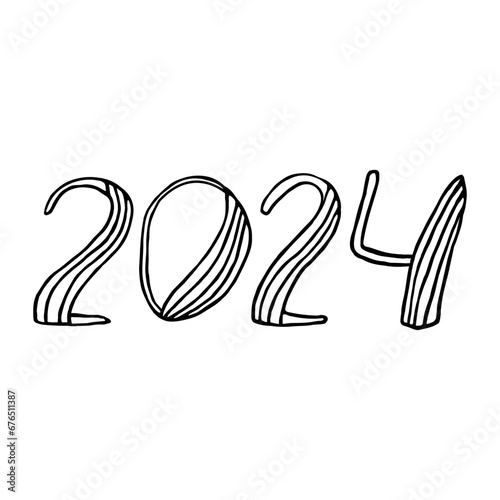 Number 2024. Hand drawn doodle lettering vector illustration.