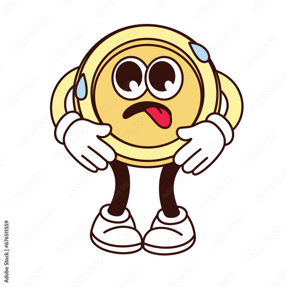 Groovy sad gold coin character vector illustration. Cartoon isolated retro funny emoji of cute cash golden money with arms and legs, coin mascot with negative expression on round face and tongue