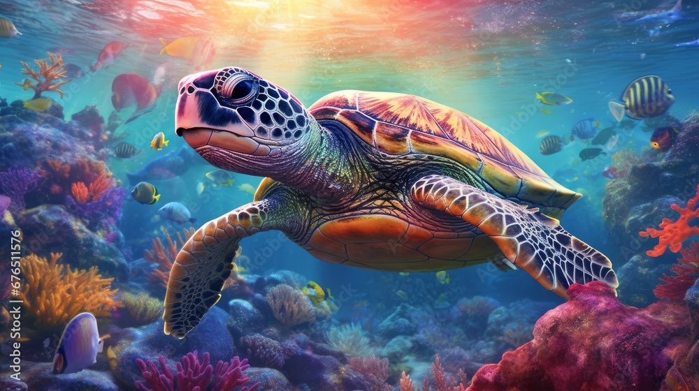 turtle with group of colorful fish and sea animals  AI generated illustration