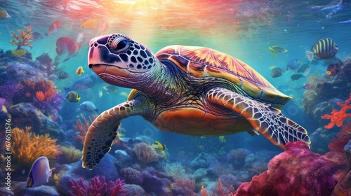 turtle with group of colorful fish and sea animals  AI generated illustration