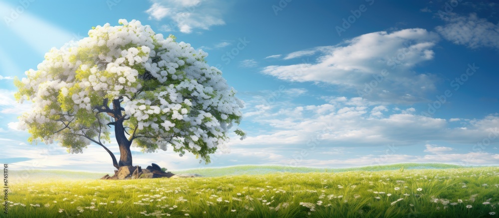 In the summer sky against a backdrop of picturesque landscapes and lush green grass a majestic tree stands tall adorned with vibrant spring blossoms while gentle floral scents fill the air c In the summer sky against a backdrop of picturesque landscapes and lush green grass a majestic tree stands tall adorned with vibrant spring blossoms while gentle floral scents fill the air c