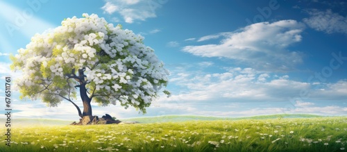 In the summer sky against a backdrop of picturesque landscapes and lush green grass a majestic tree stands tall adorned with vibrant spring blossoms while gentle floral scents fill the air c