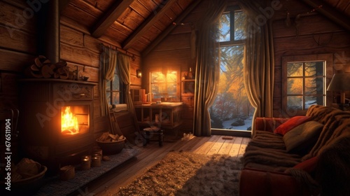 A cozy cabin in the woods with a warm fireplace AI generated illustration
