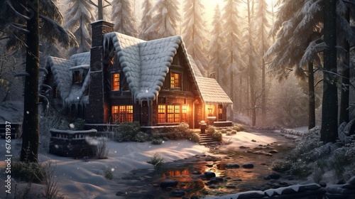 A cozy cabin nestled in a snow-covered forest  AI generated illustration