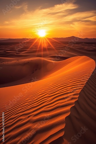 A desert sunset over sand dunes  AI generated illustration