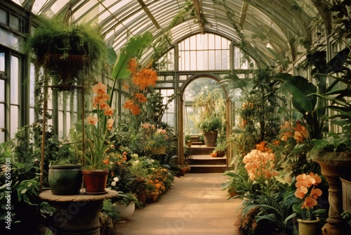 Interior view of a Victorian greenhouse filled with exotic blooms. Generative AI © Ginevra