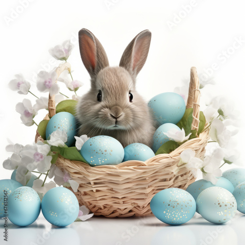 Easter holiday theme, rabbit in a basket with easter eggs, with gentle pastel colors