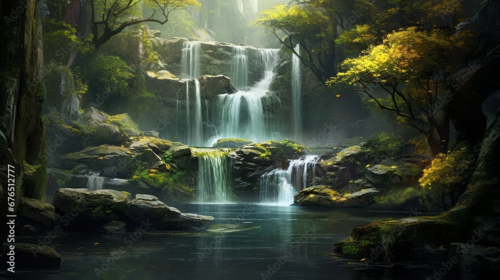 A serene and peaceful waterfall in the heart of nature AI generated illustration A serene and peaceful waterfall in the heart of nature AI generated illustration
