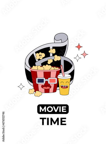 Movie time concept banner. Popcorn, drink groovy characters in retro style poster. Hand drawn design illustration isolated on white background. Vector