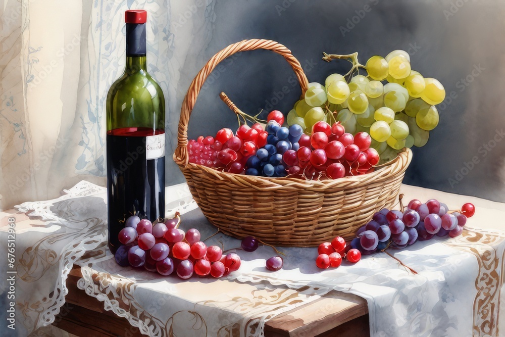 BCesto com uvas frescas e garrafa de vinho sobre a mesa. BCesto com uvas frescas e garrafa de vinho sobre a mesa.
