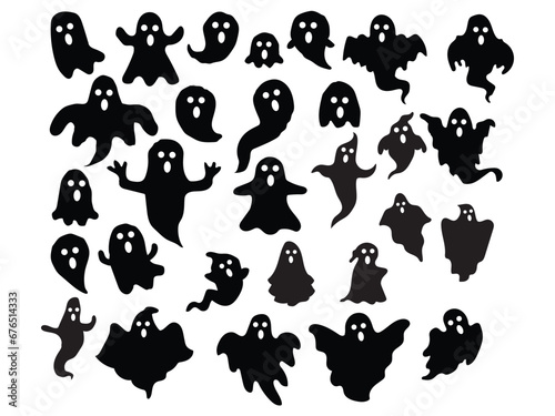 Monochrome ghost apparition spook horror set. Ghost shadow funny. ghost sheet for halloween character design. Isolated vector illustration.