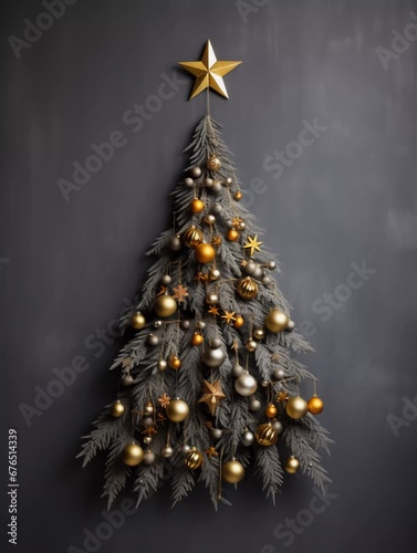 A handmade Christmas tree hanging on a gray wall in the room, AI generator