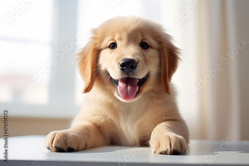 Cute Golden Retriever Cub sitting on the kitchen table smiling at the camera