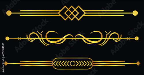 Art deco headers in gold. Calligraphic page decoration vignettes. Border frame template design isolated. Vector illustration