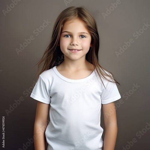 little girl wearing a plain white t-shirt against a studio background