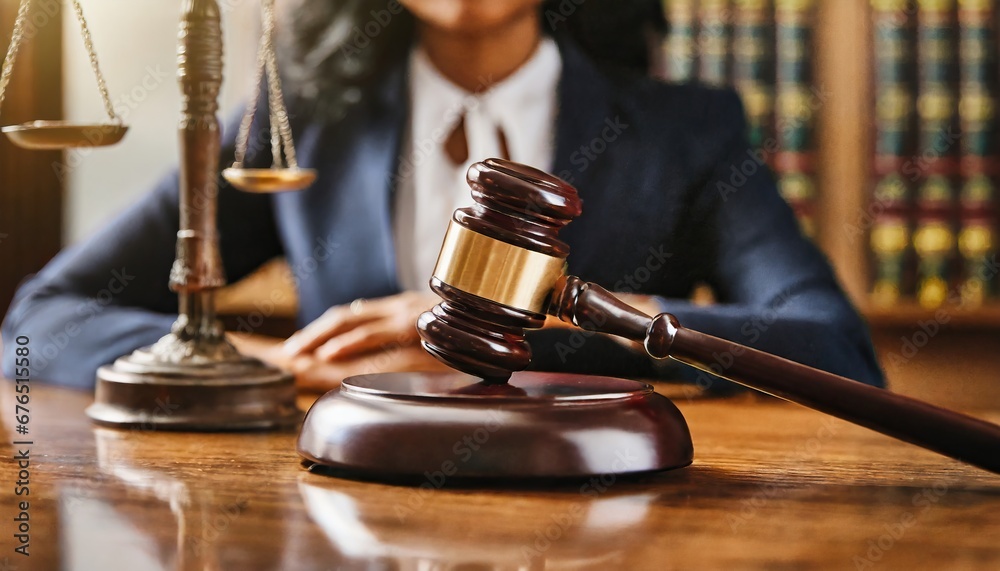 Close-up of gavel on judge desk, symbolizing court trial, justice and legal decisions in courtroom