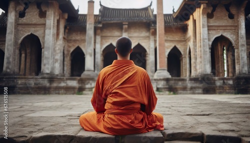 Back view of buddhist monk in orange robe, asian master meditating sitting in lotus pose in fron of ancient temple or monastery