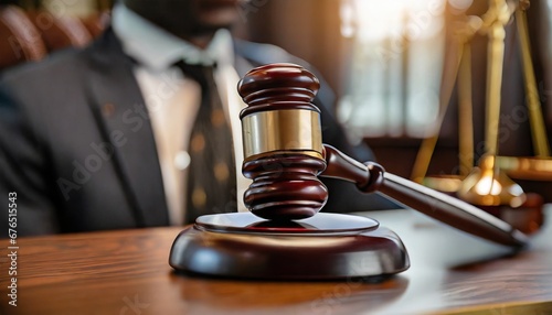 Close-up of gavel on judge desk, symbolizing court trial, justice and legal decisions in courtroom