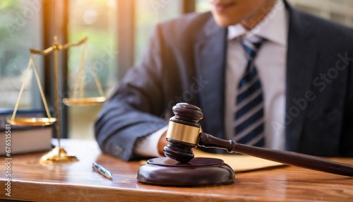 Close-up of gavel on judge desk, symbolizing court trial, justice and legal decisions in courtroom