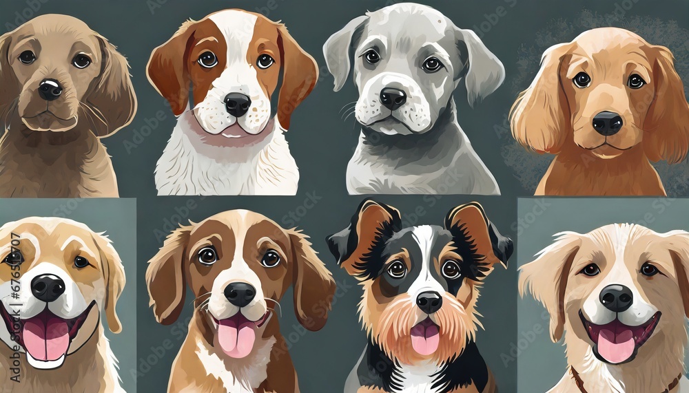 Obraz premium Group of different dog breeds, cute puppy illustration set