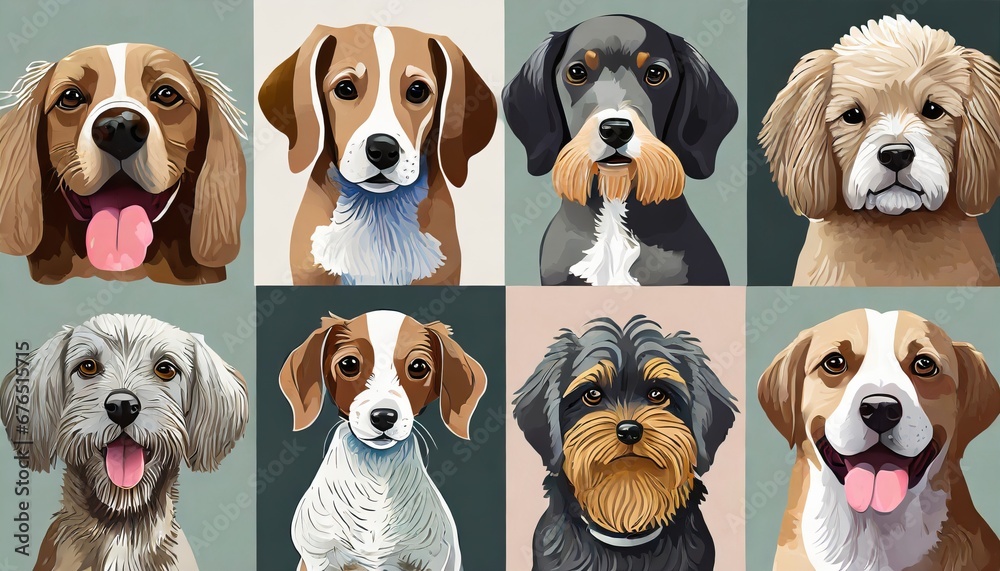 Group of different dog breeds, cute puppy illustration set