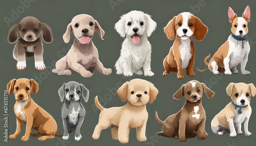 Group of different dog breeds, cute puppy illustration set