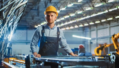 Man engineer worker in automotive factory, car manufacturing process, assembly line production, woman technician at conveyor, auto industry technology