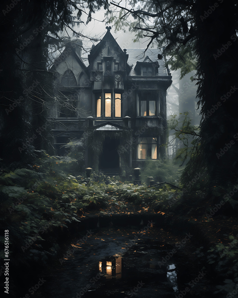 haunted house in the woods - obrazy, fototapety, plakaty 