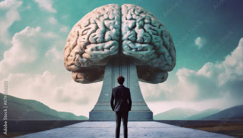 Man standing in front of a surreal giant brain monument, a conceptual