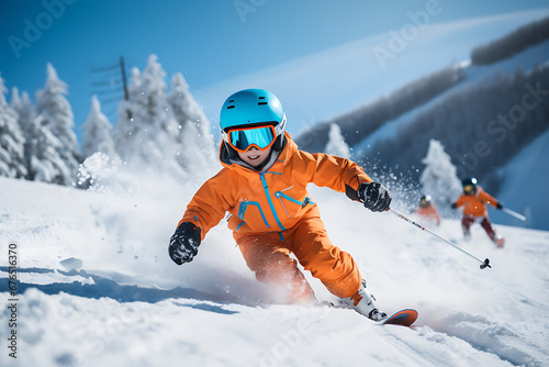 Niño esquiando en montaña cubierta de nieve photo