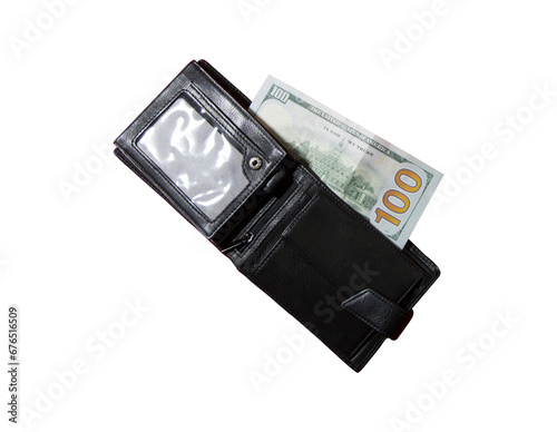 Black leather wallet with money isolated on white background, png