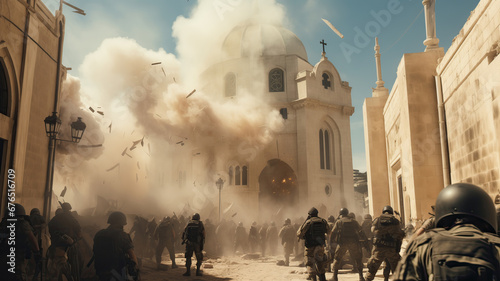 Explosion and fire at a Christian church in Jerusalem, with soldiers in the streets photo