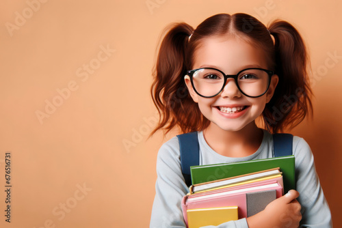 Funny smiling child school girl with glasses hold books. ai generative