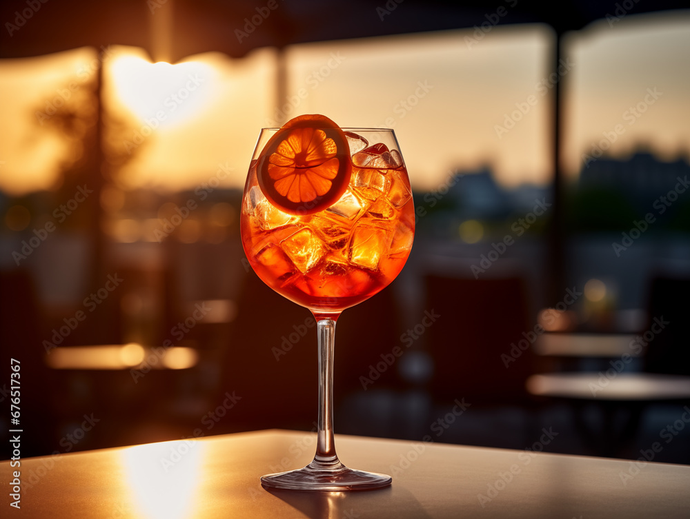Glass of ice cold Aperol spritz cocktail.